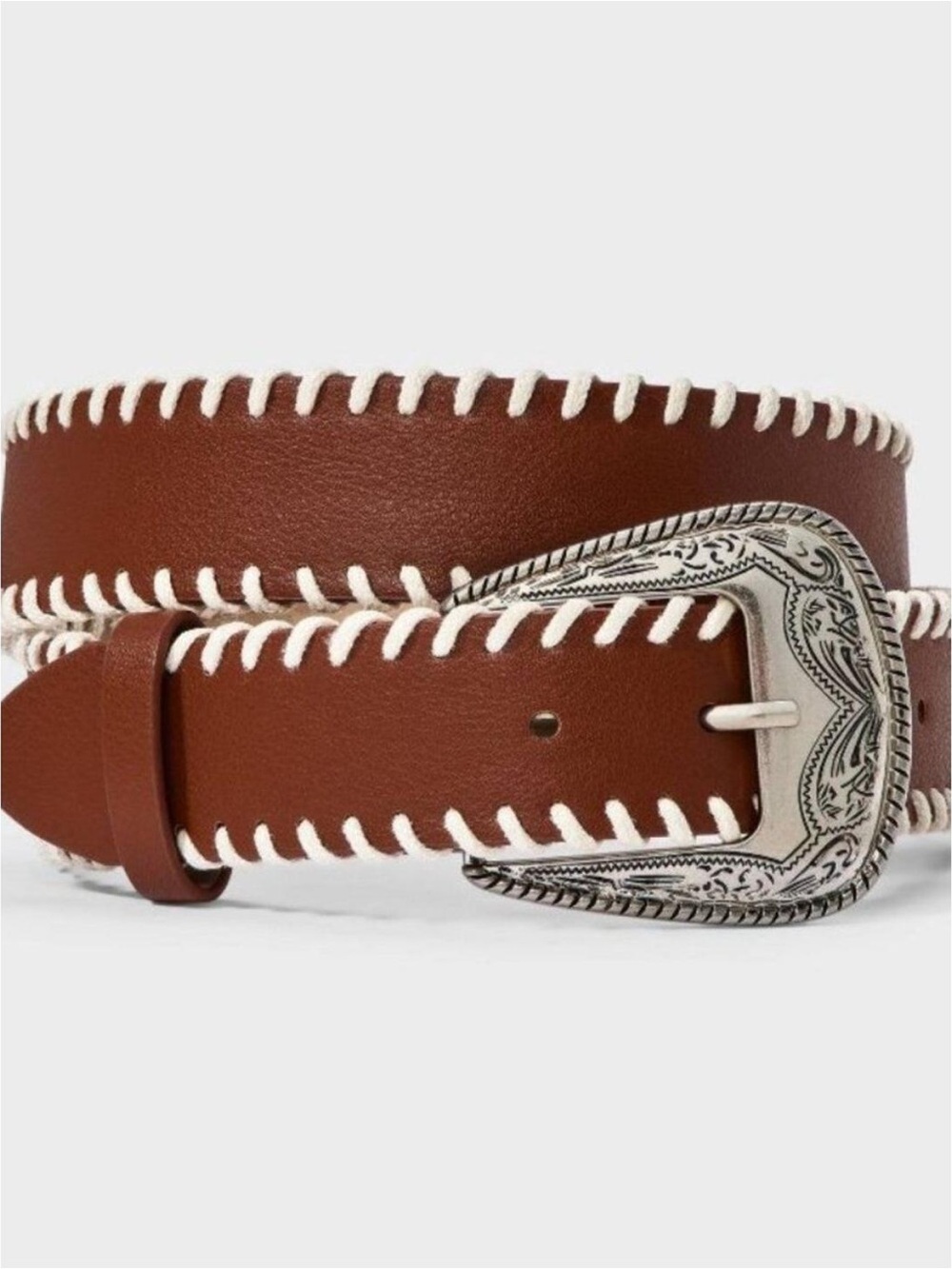 Western Style Belt | Brown Whip Stitch Cowboy Buckle Boho Chic